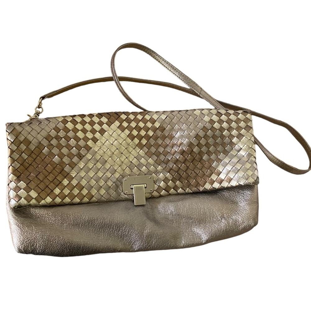 Elliott Lucca Metallic Gold/Bronze/Pewter Woven Leather Crossbody Clutch Vintage